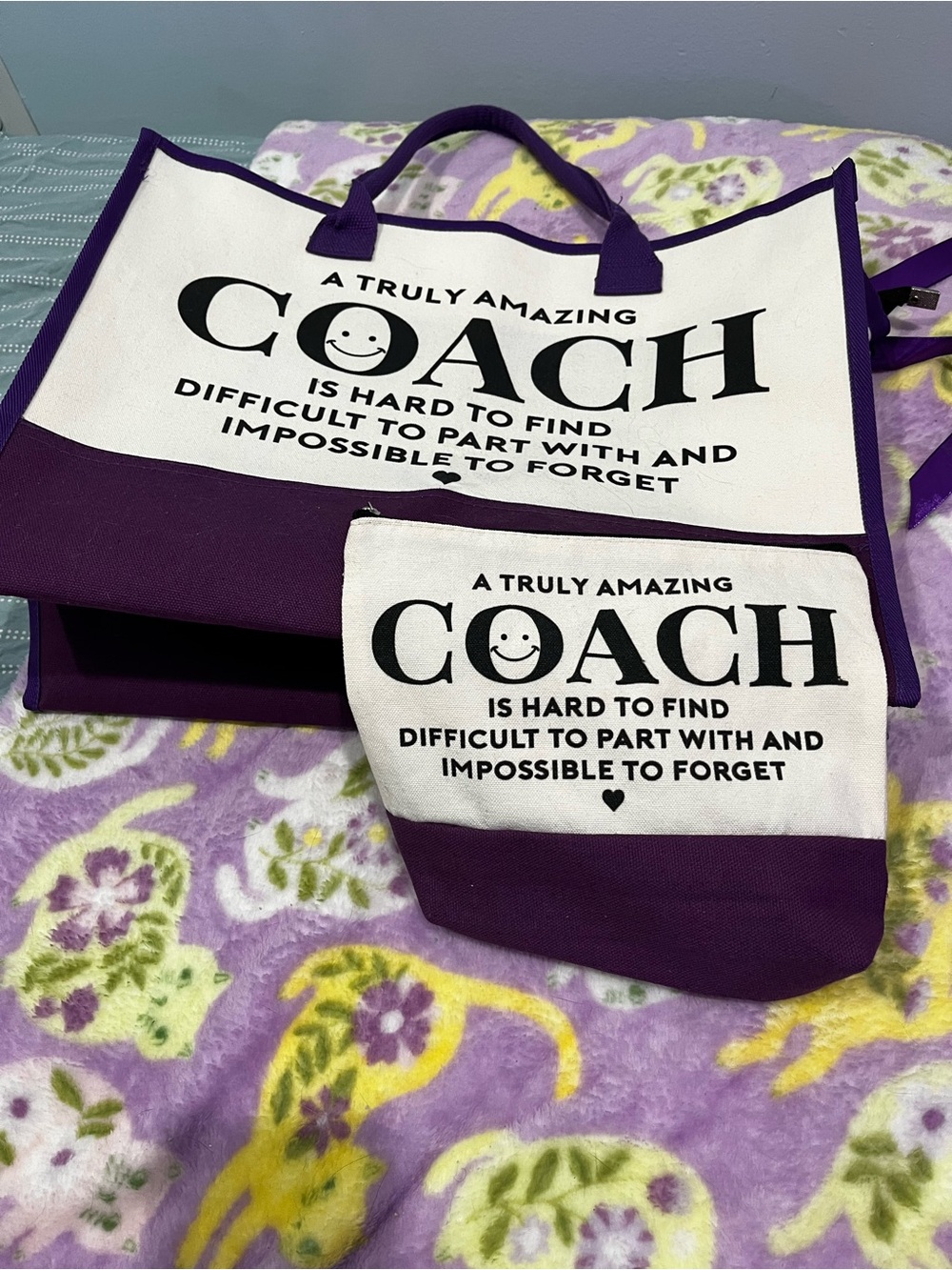 Coach Canvas Tote and Pouch in Purple and White